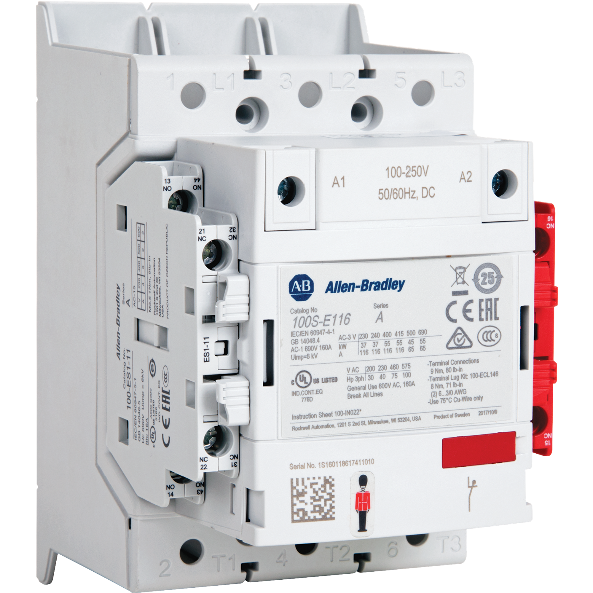 Allen-Bradley 100SE Safety Contactor 250kW 3Pole 100 to 250VAC and VDC Elec  Coil 1NO 1NC Contact Aux