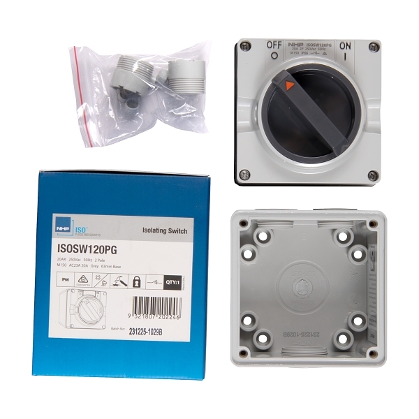 NHP ISO Surface Switch, 2 Pole 20A 250V AC, w/ Base, Grey