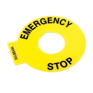 LEGEND PLATE 60mm YELLOW BLACK TEXT EMERGENCY STOP 22.5mm